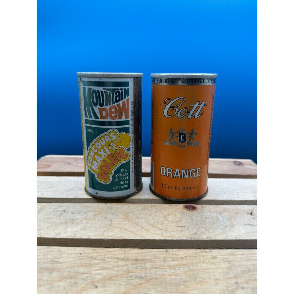 Vintage 70sCanadian Soda Cans-Mountain Dew Concours Maxi-Soleil/Cott Orange 10oz